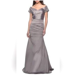 La Femme
Off the Shoulder Beaded
Satin Trumpet Gown